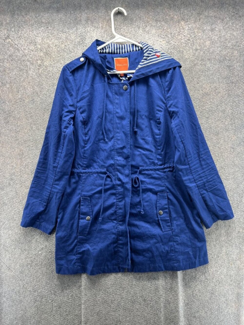 ModCloth Jacket Women Large Blue Hooded Anorak Cotton Twill Nautical Lined